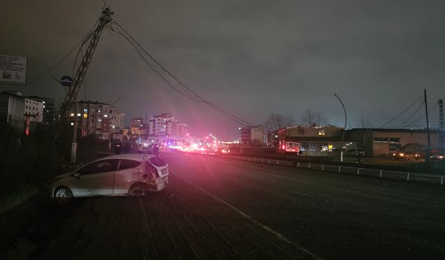 Polis aracına ve elektrik direğine çarptı